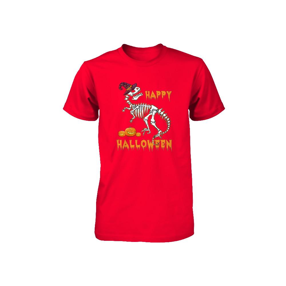 Funny Happy Halloween T-Rex Skeleton Dinosaur Youth-Youth Shirt-Youth T-Shirt-Red