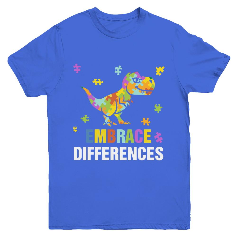 Autism Awareness Puzzle Piece Dinosaur Embrace Differences Youth-Youth Shirt-