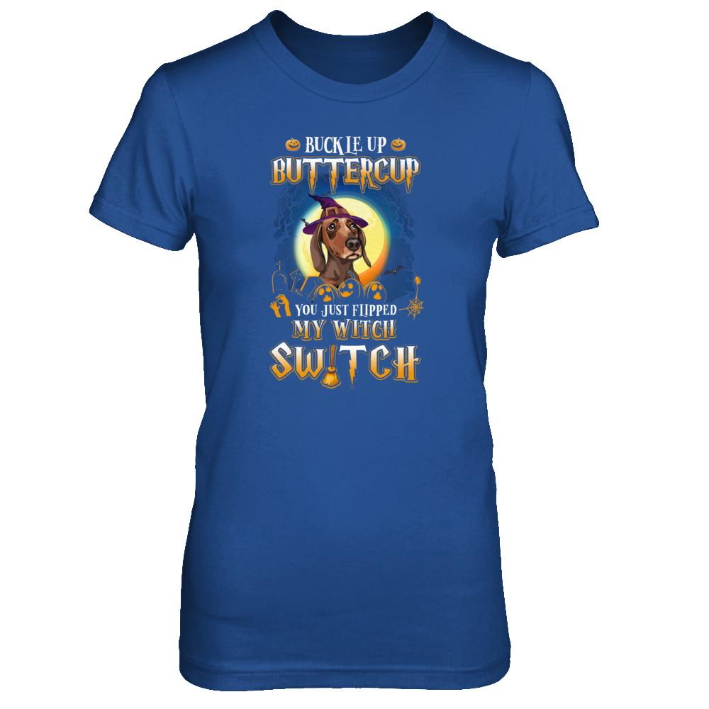 Buckle Up Buttercup Halloween Witch Dachshund Costume-T-Shirt & Tank Top-Women's T-Shirt-Royal