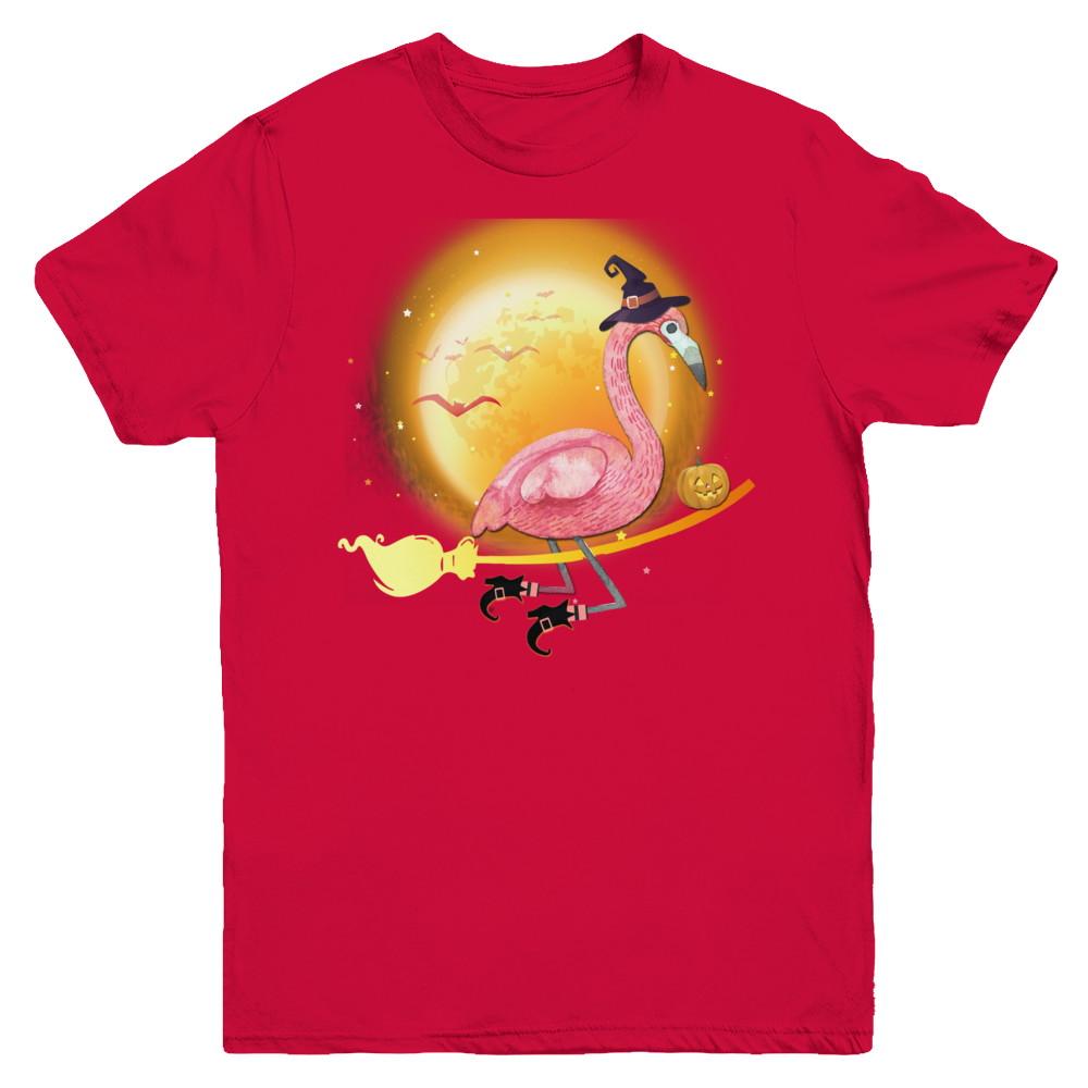 Funny Halloween Flamingo Witch Broom Scary Youth-Youth Shirt-Youth T-Shirt-Red