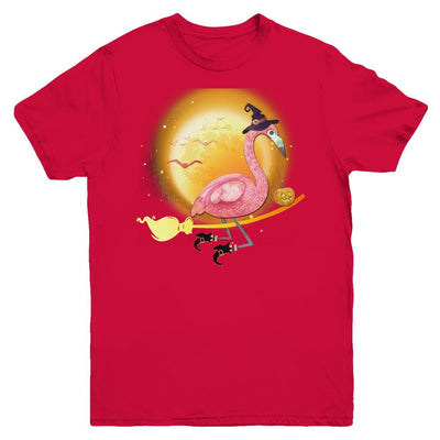 Funny Halloween Flamingo Witch Broom Scary Youth-Youth Shirt-Youth T-Shirt-Red