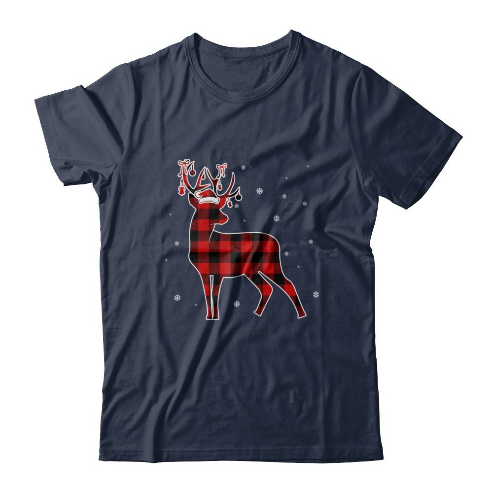 Red Plaid Deer Santa Hat Christmas Buffalo Plaid-T-Shirt & Sweatshirt-Classic T-Shirt-Navy