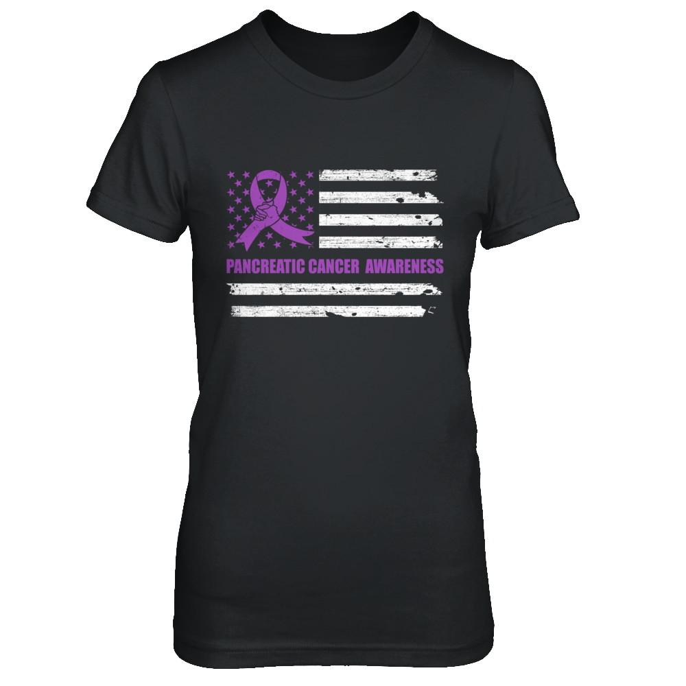 Purple Ribbon Pancreatic Cancer Awareness US Flag-T-Shirt & Hoodie-Women's T-Shirt-Black