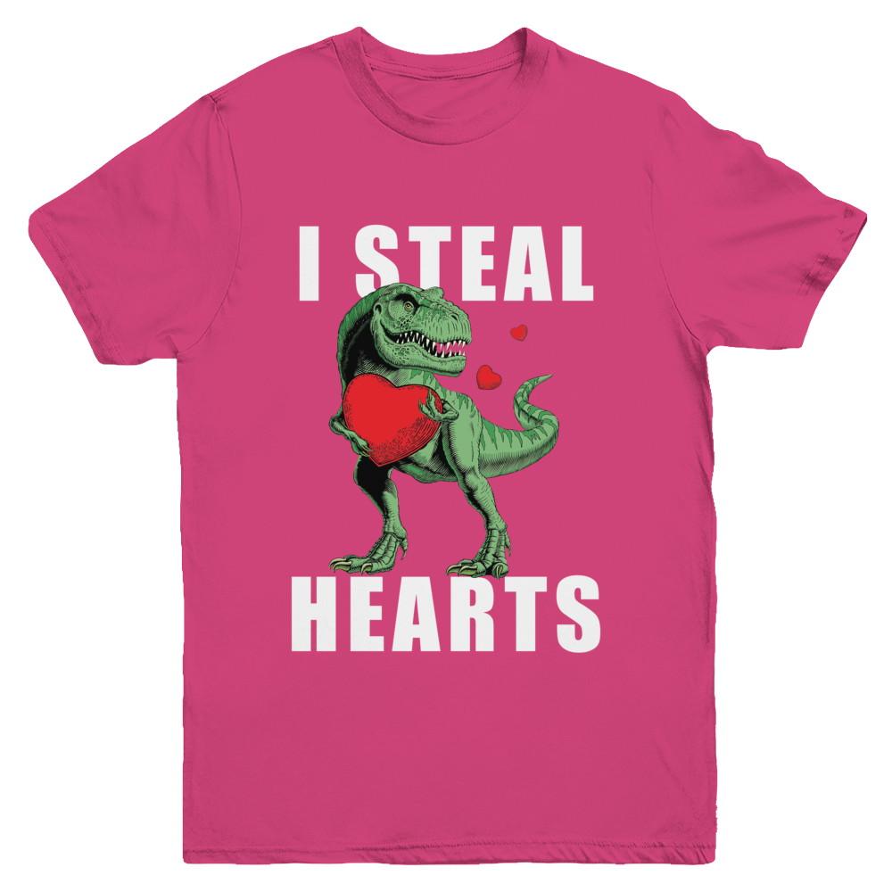 I Steal Hearts Funny Valentines Day Dinosaur T-Rex Boys Youth-Youth Shirt-Youth T-Shirt-Heliconia