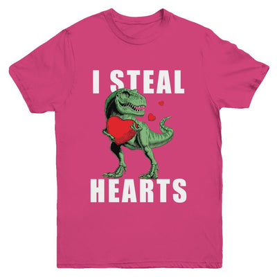 I Steal Hearts Funny Valentines Day Dinosaur T-Rex Boys Youth-Youth Shirt-Youth T-Shirt-Heliconia