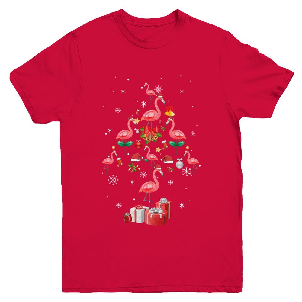 Santa Flamingo Christmas Tree Gift Youth-Youth Shirt-Youth T-Shirt-Red