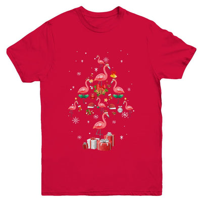 Santa Flamingo Christmas Tree Gift Youth-Youth Shirt-Youth T-Shirt-Red