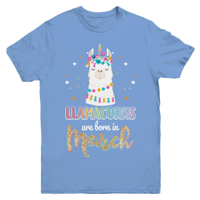 Llama Unicorn Llamacorns Born In March Birthday Gift Youth-Youth Shirt-Youth T-Shirt-Carolina Blue