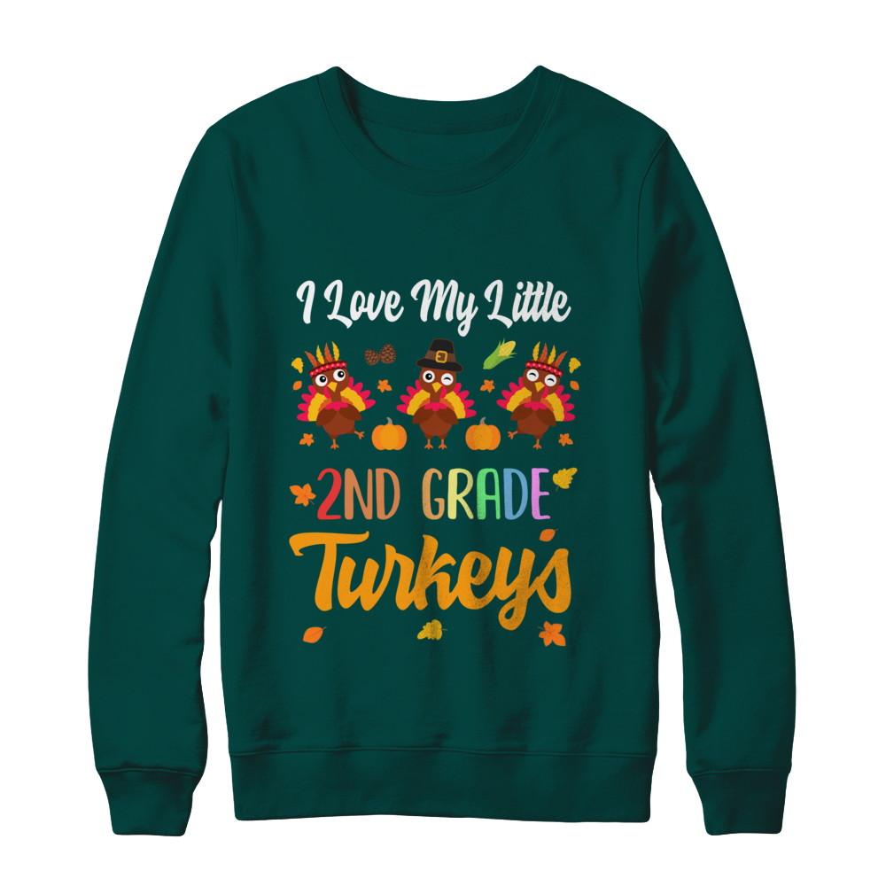 Thankful I Love My Little Second Grade Turkeys-T-Shirt & Sweatshirt-Crewneck Sweatshirt-Deep Forest