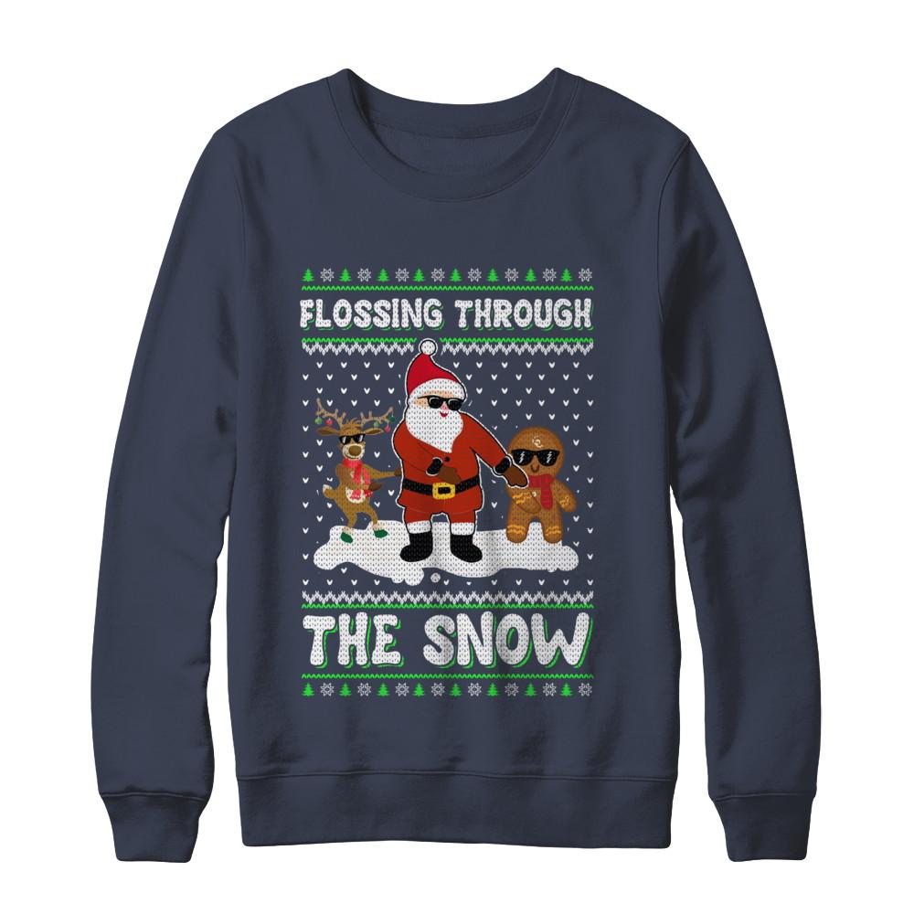 Flossing Through The Snow Santa Ugly Christmas Sweater-T-Shirt & Sweatshirt-Crewneck Sweatshirt-Navy