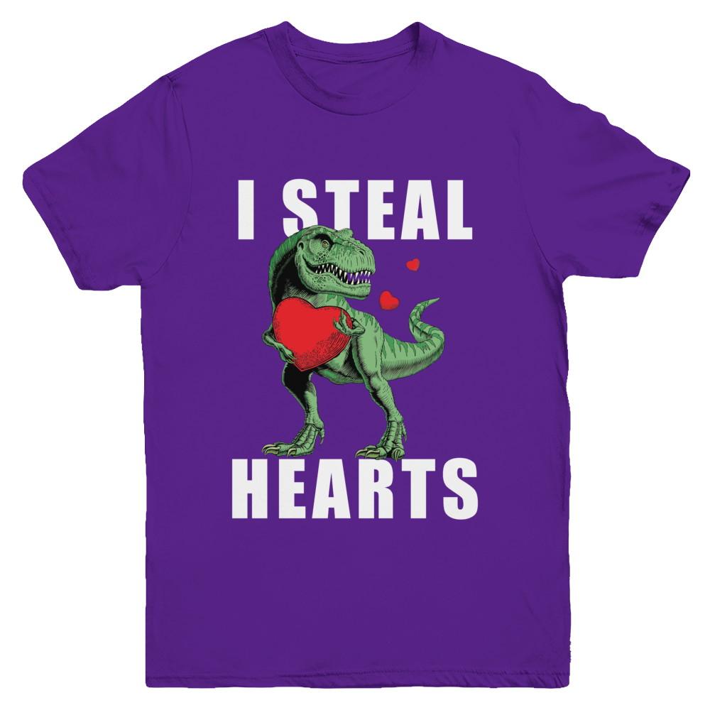 I Steal Hearts Funny Valentines Day Dinosaur T-Rex Boys Youth-Youth Shirt-Youth T-Shirt-Purple