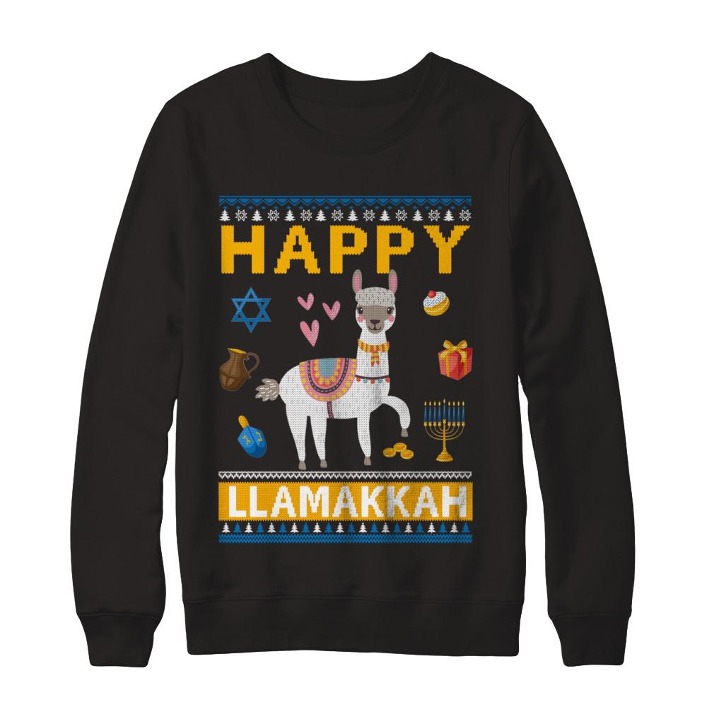 Happy Llama Llamakkah Hanukkah Ugly Sweater-T-Shirt & Sweatshirt-Crewneck Sweatshirt-Black