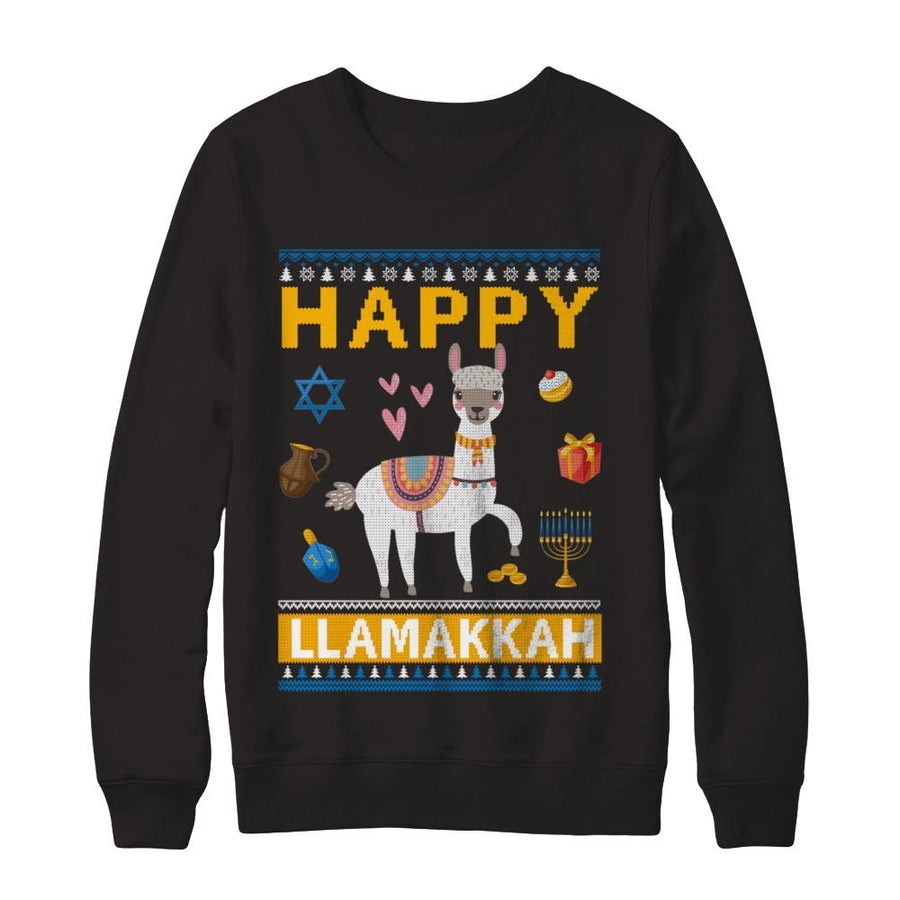 Happy Llama Llamakkah Hanukkah Ugly Sweater-T-Shirt & Sweatshirt-Crewneck Sweatshirt-Black