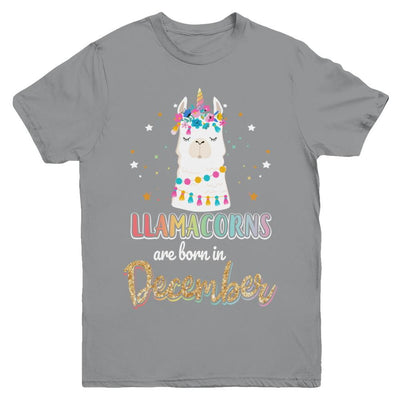 Llama Unicorn Llamacorns Born In December Birthday Gift Youth-Youth Shirt-Youth T-Shirt-Sport Grey