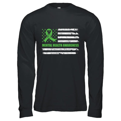 Green Ribbon Mental Health Awareness US Flag-T-Shirt & Hoodie-Long Sleeve T-Shirt-Black