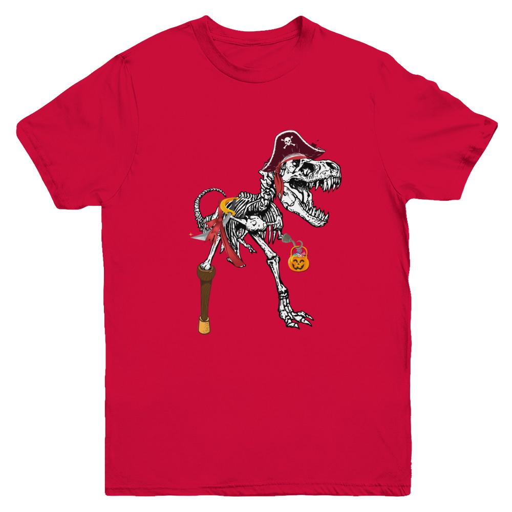 Dinosaurs T-Rex Skeleton Pirate Halloween Saurus For Kids Youth-Youth Shirt-Youth T-Shirt-Red