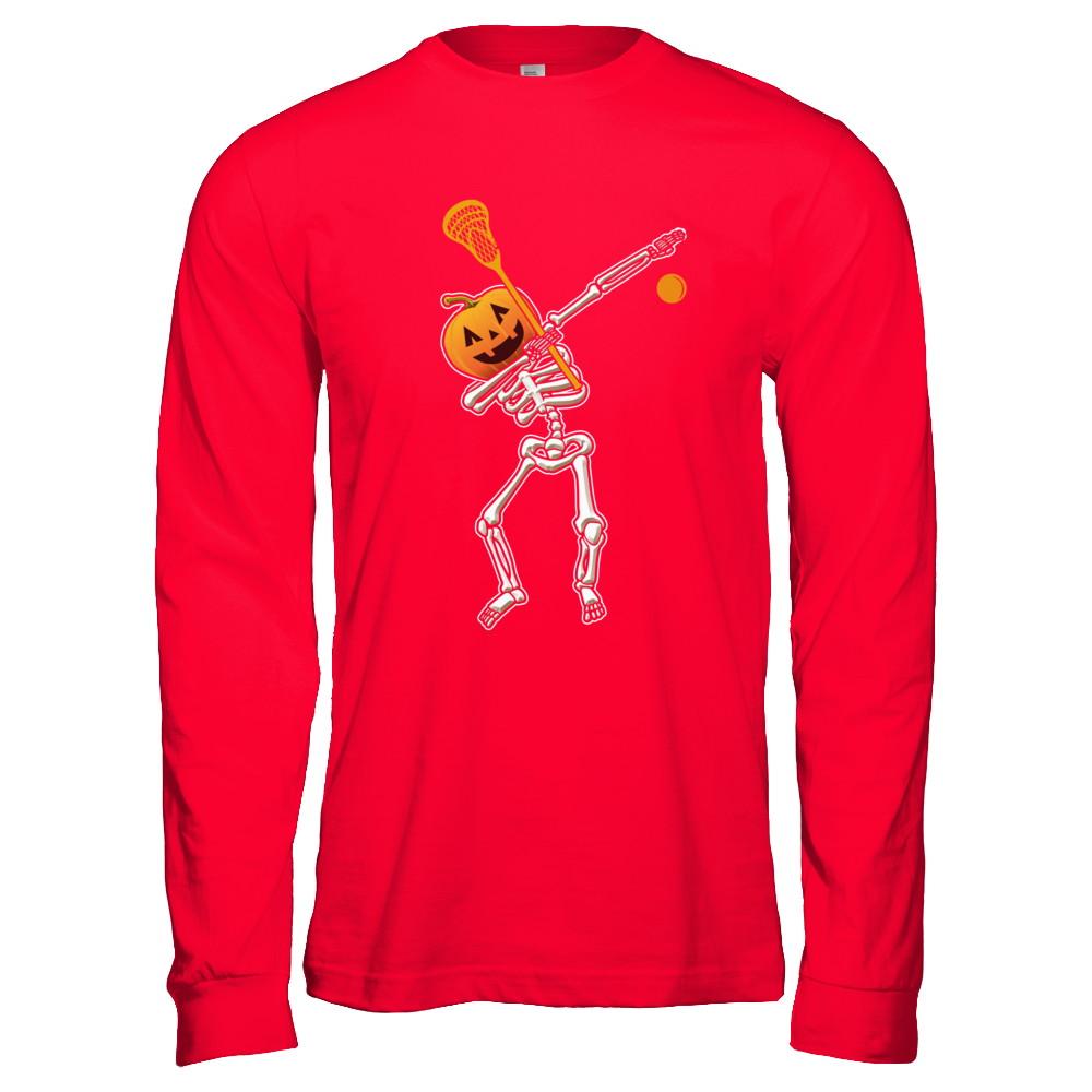 Halloween Dabbing Skeleton Lacrosse-T-Shirt & Hoodie-Long Sleeve T-Shirt-Red