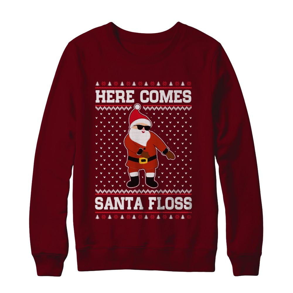 Here Comes Santa Floss Flossing Ugly Christmas Sweater-T-Shirt & Sweatshirt-Crewneck Sweatshirt-Maroon