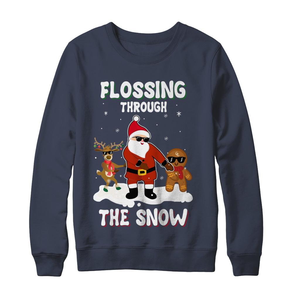 Flossing Through The Snow Santa Reindeer Gingerbread-T-Shirt & Sweatshirt-Crewneck Sweatshirt-Navy