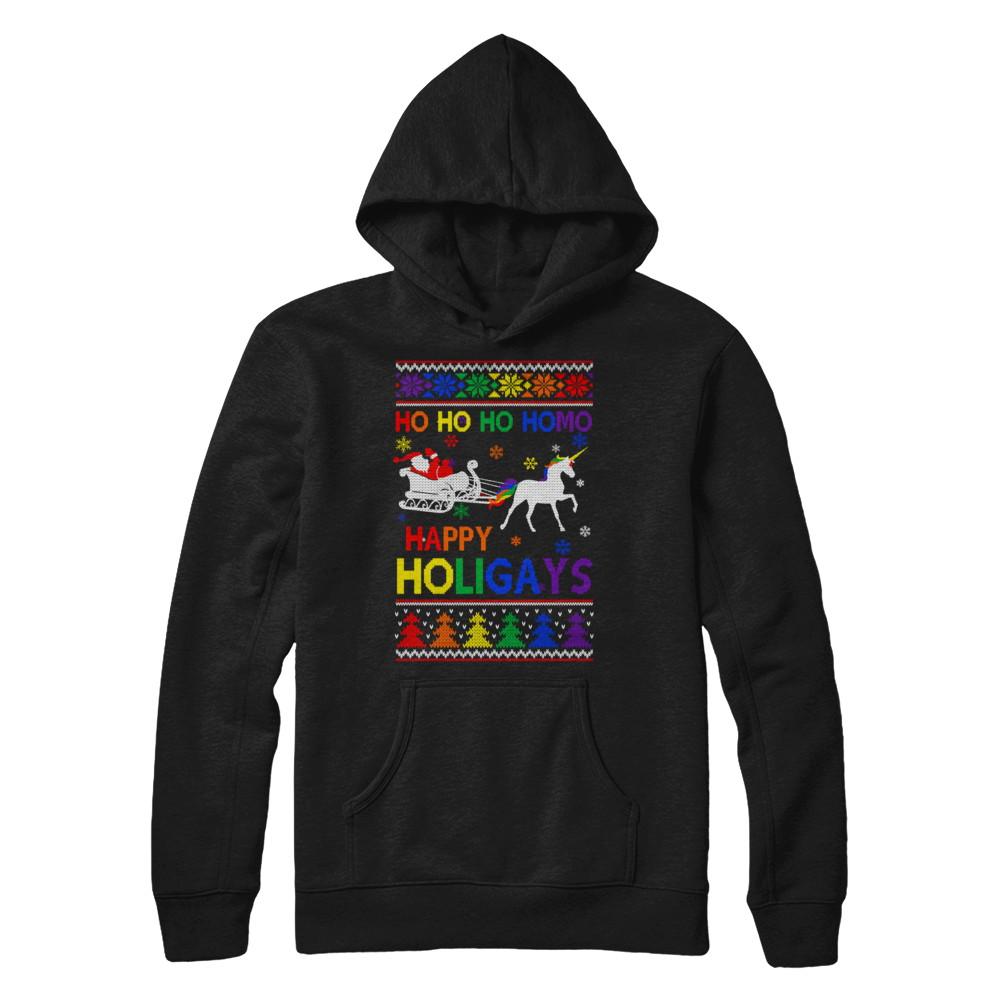 Ho Ho Ho Santa Riding Unicorrn Happy Holigays LGBT-T-Shirt & Sweatshirt-Pullover Hoodie-Black