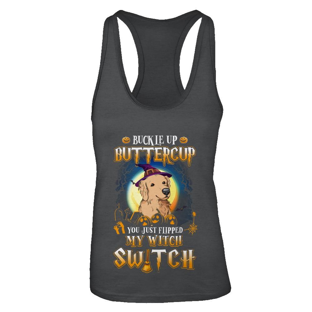 Buckle Up Buttercup Halloween Witch Golden Retriever Costume-T-Shirt & Tank Top-Women's Ideal Racerback Tank-Black