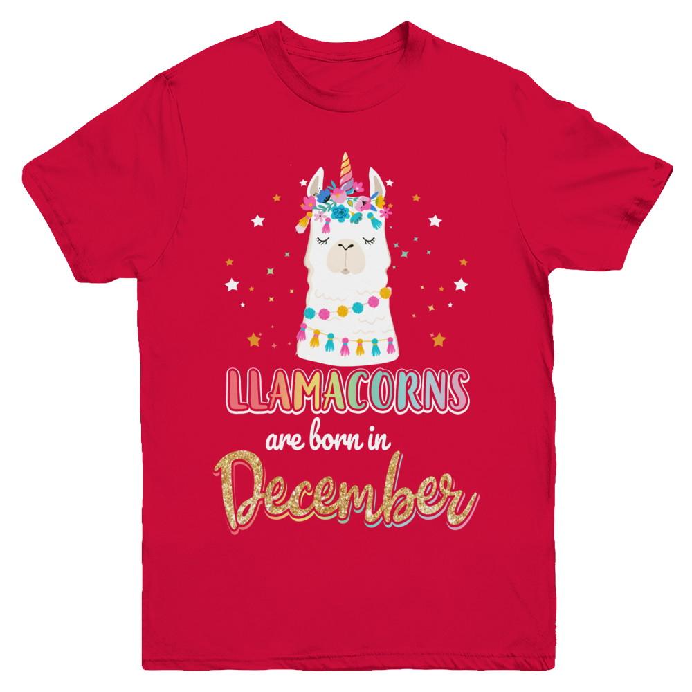 Llama Unicorn Llamacorns Born In December Birthday Gift Youth-Youth Shirt-Youth T-Shirt-Red