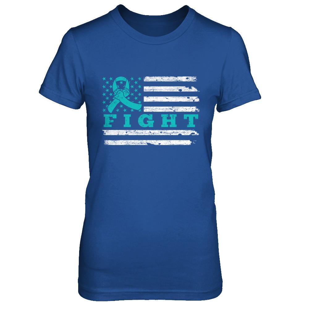 Fight Teal Ribbon US Flag Ovarian Cancer Awareness-T-Shirt & Hoodie-Women's T-Shirt-Royal