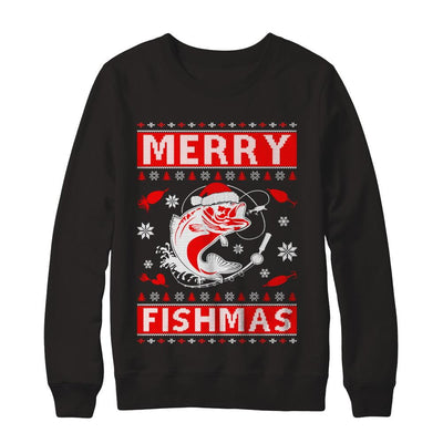 Merry Fishmas Fishing Fish Christmas Sweater-T-Shirt & Sweatshirt-Crewneck Sweatshirt-Black