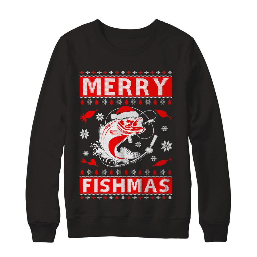 Merry Fishmas Fishing Fish Christmas Sweater-T-Shirt & Sweatshirt-Crewneck Sweatshirt-Black