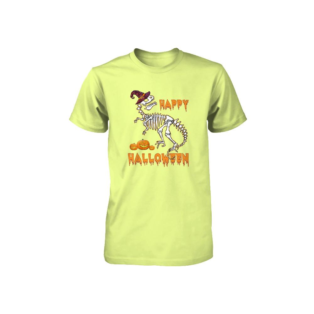 Funny Happy Halloween T-Rex Skeleton Dinosaur Youth-Youth Shirt-Youth T-Shirt-Neon Yellow