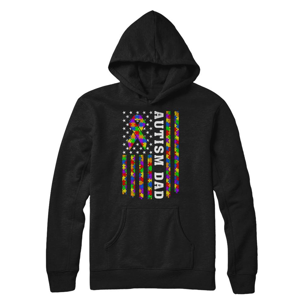 Proud Autism Dad Daddy Autistic Us Flag Fathers Day-T-Shirt & Hoodie-Pullover Hoodie-Black