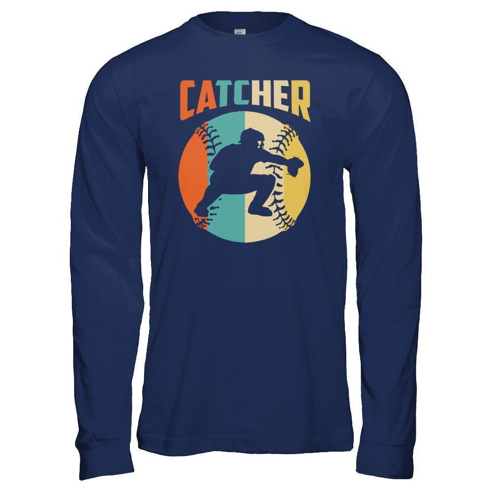 Classic Vintage Retro Style Catcher Baseball-T-Shirt & Hoodie-Long Sleeve T-Shirt-Navy