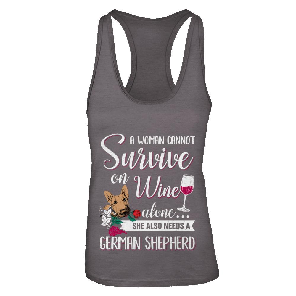 A Woman Can't Survive On Wine Alone German Shepherd Dog-T-Shirt & Tank Top-Women's Ideal Racerback Tank-Dark Grey