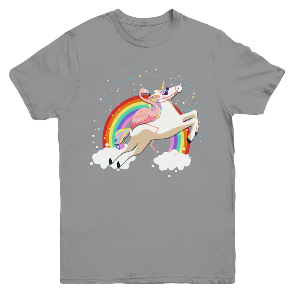 Flamingo Pink Bird Riding Unicorn Youth-Youth Shirt-Youth T-Shirt-Sport Grey