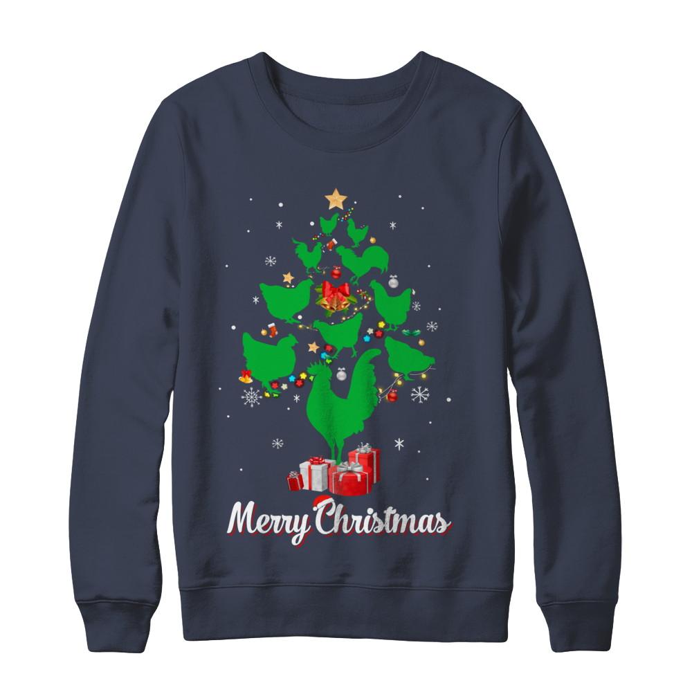 Funny Chicken Merry Christmas Tree Ugly Sweater-T-Shirt & Sweatshirt-Crewneck Sweatshirt-Navy