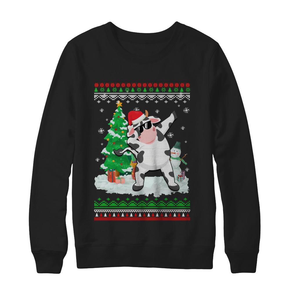 Santa Hat Cow Dabbing Christmas Ugly Sweater-T-Shirt & Sweatshirt-Crewneck Sweatshirt-Black