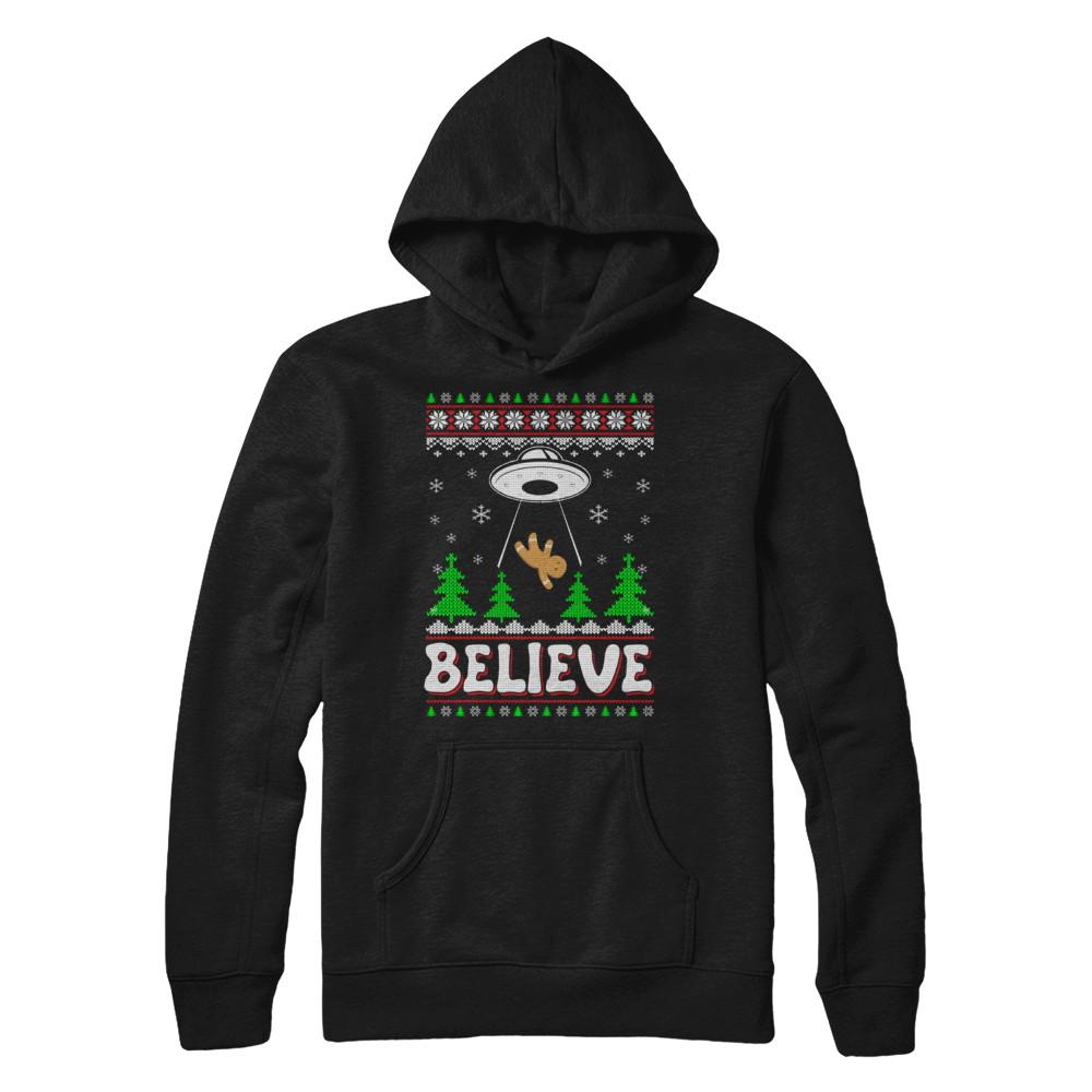 Believe UFO Gingerbread Ugly Christmas Sweater-T-Shirt & Sweatshirt-Pullover Hoodie-Black