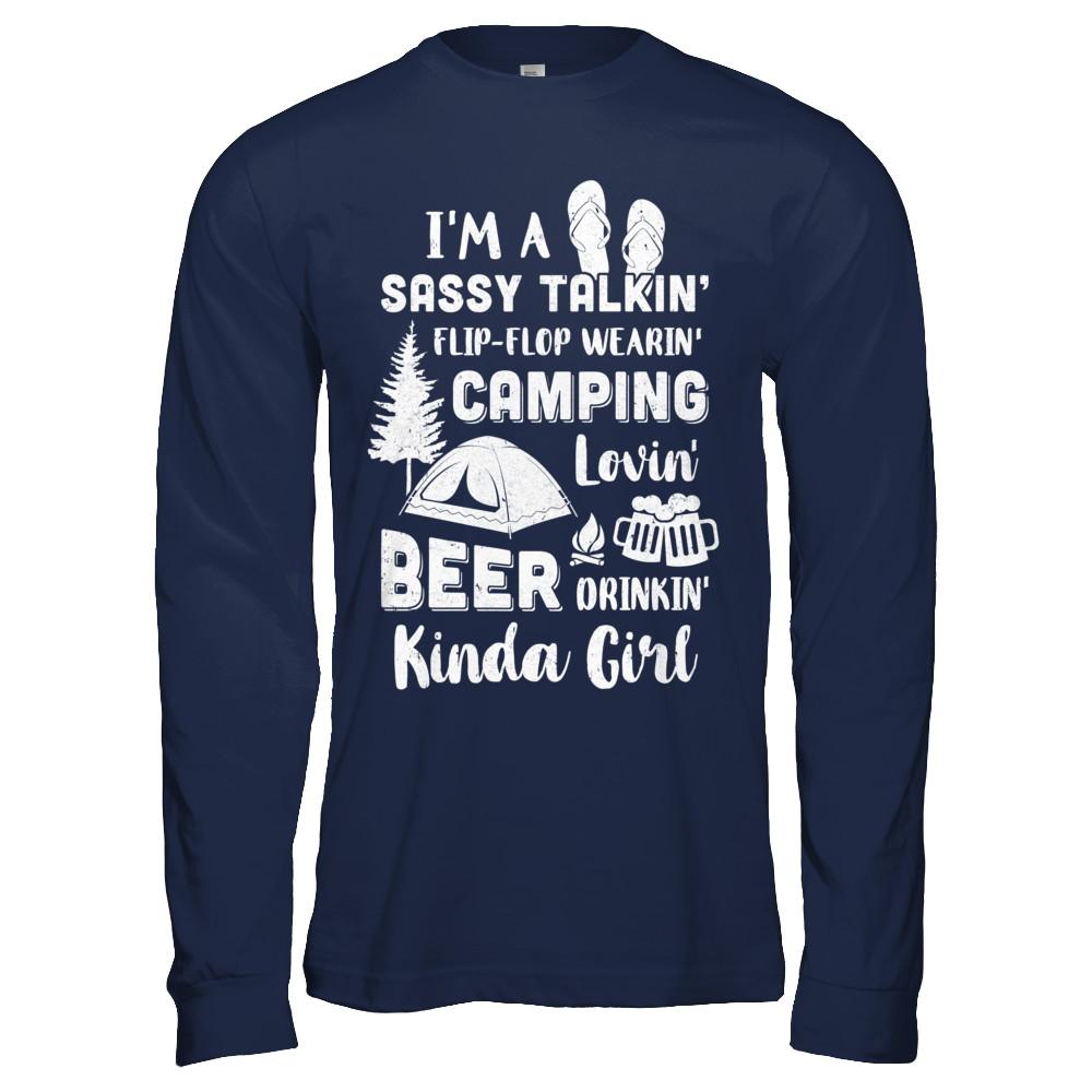 Sassy Talking Flip-Flop Camping Beer Kinda Girl-T-Shirt & Hoodie-Long Sleeve T-Shirt-Navy