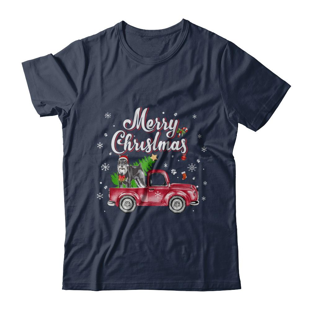Schnauzer Retriever Rides Red Truck Christmas Pajama-T-Shirt & Sweatshirt-Classic T-Shirt-Navy
