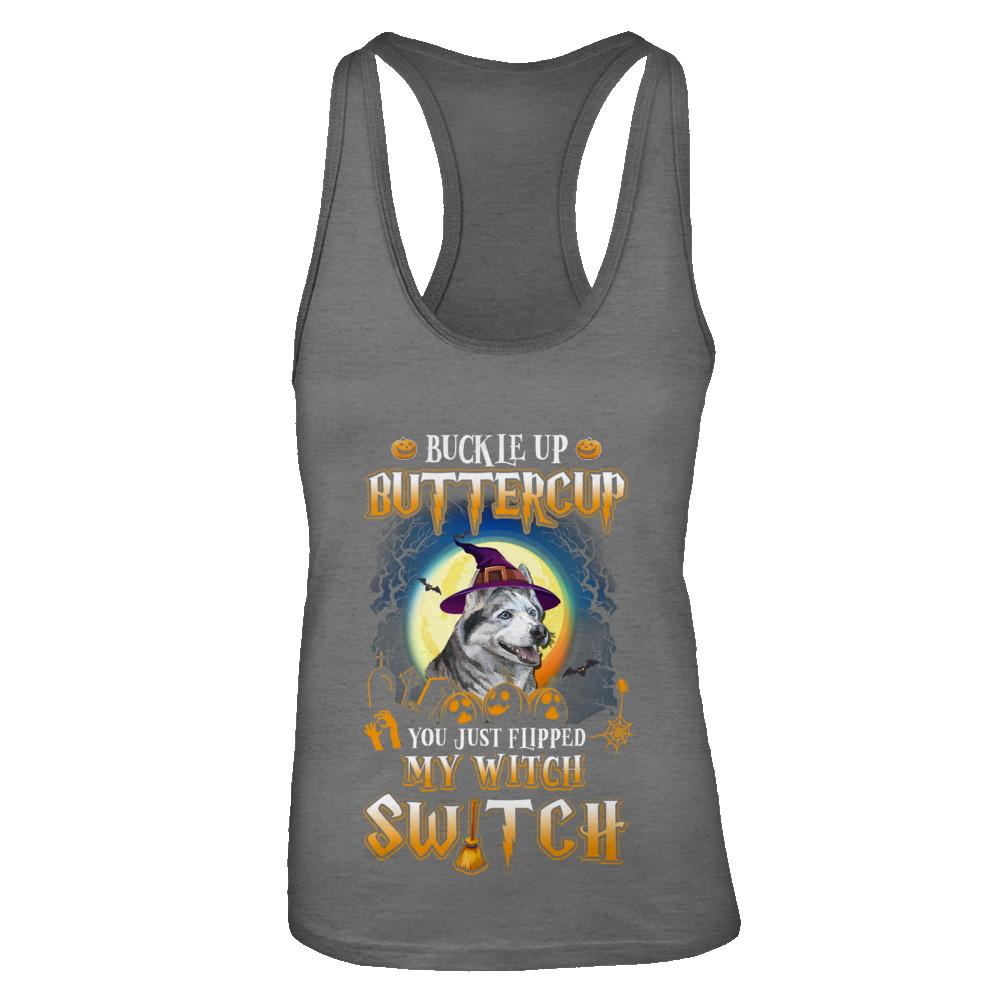 Buckle Up Buttercup Halloween Witch Husky Costume-T-Shirt & Tank Top-Women's Ideal Racerback Tank-Dark Grey