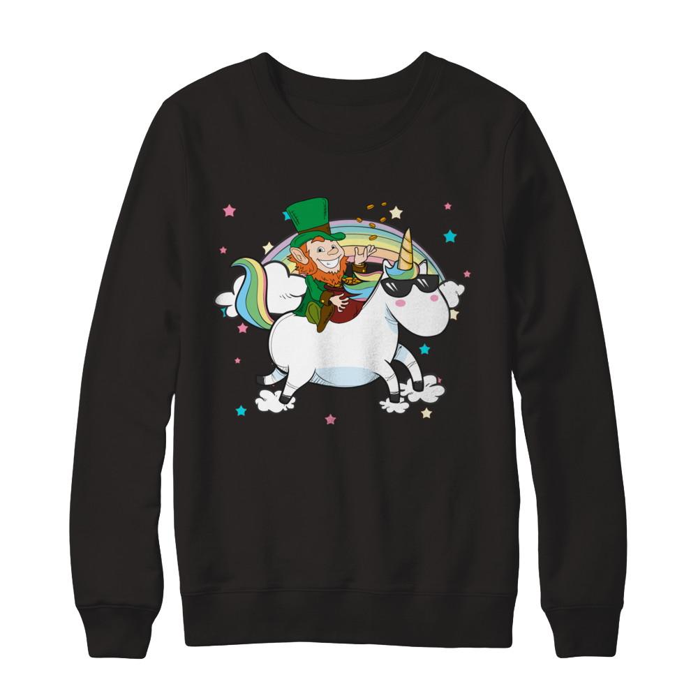 St Patrick's Day Lepricorn Leprechaun Riding Unicorn-T-Shirt & Hoodie-Crewneck Sweatshirt-Black