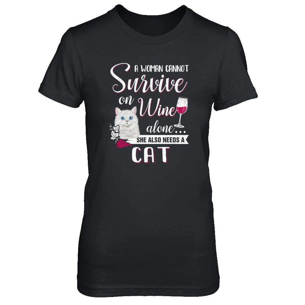 A Woman Can't Survive On Wine Alone Cat-T-Shirt & Tank Top-Women's T-Shirt-Black