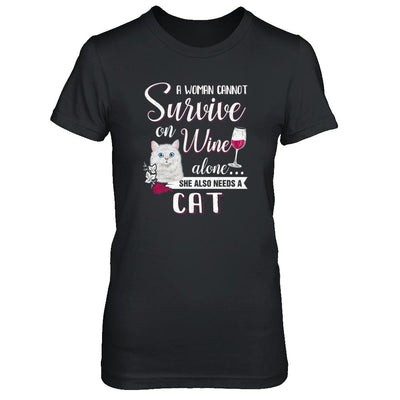 A Woman Can't Survive On Wine Alone Cat-T-Shirt & Tank Top-Women's T-Shirt-Black
