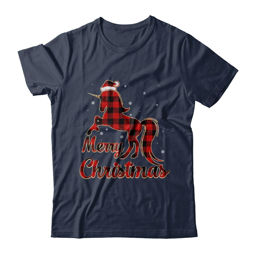 Red Buffalo Plaid Unicorn Merry Christmas-T-Shirt & Sweatshirt-Classic T-Shirt-Navy