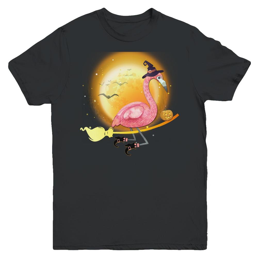 Funny Halloween Flamingo Witch Broom Scary Youth-Youth Shirt-Youth T-Shirt-Black