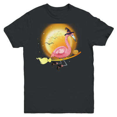 Funny Halloween Flamingo Witch Broom Scary Youth-Youth Shirt-Youth T-Shirt-Black
