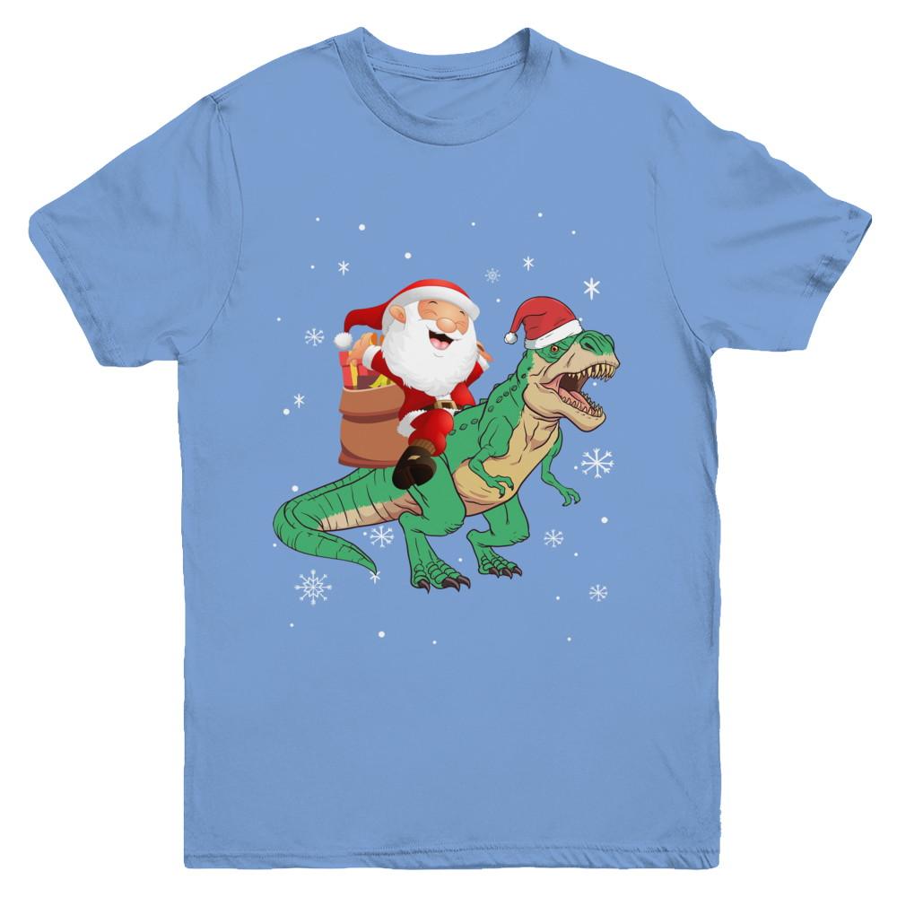 Christmas Santa Kids Dinosaur T-Rex For Boys Kids Youth-Youth Shirt-Youth T-Shirt-Carolina Blue