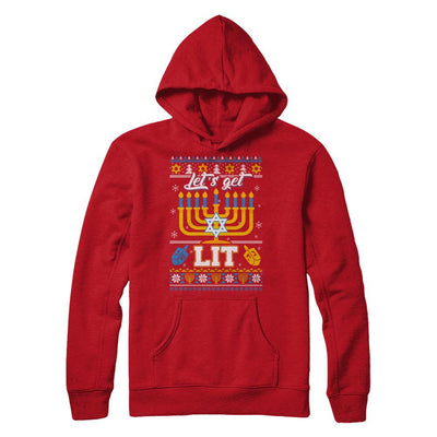 Funny Happy Hanukkah Chanukah Let's Get Lit Ugly Sweater-T-Shirt & Sweatshirt-Pullover Hoodie-Red
