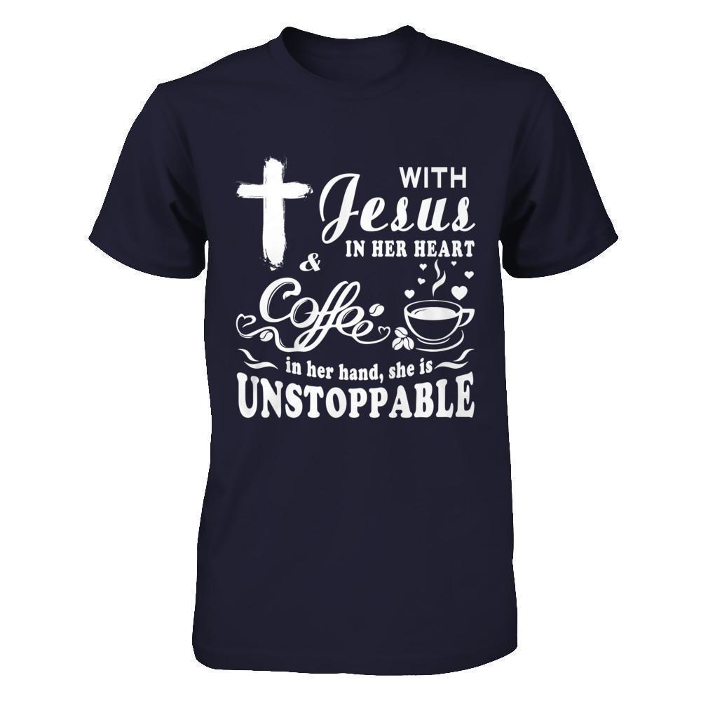 With Jesus In Her Heart And Coffee In Her Hand-T-Shirt & Hoodie-Premium T-Shirt-Midnight Navy