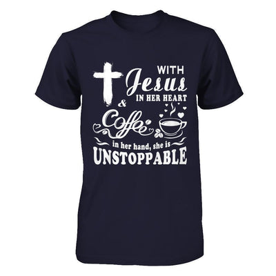 With Jesus In Her Heart And Coffee In Her Hand-T-Shirt & Hoodie-Premium T-Shirt-Midnight Navy